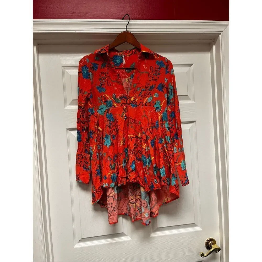 Free People Take Me Away Orange Hi-Lo long Sleeve Mini Boho Dress sz XS EUC